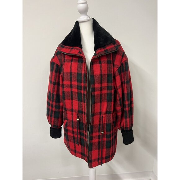 Vtg Miss New Yorker Women’s Modern Lg Red Plaid Oversized Wool Blend Tartan Coat - Picture 16 of 16